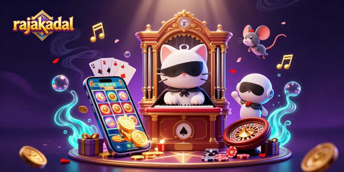 Mengumpulkan kemenangan di rajakadal dengan cat putih bertopeng dan akrobat tikus, dikelilingi slot game menarik dan koin emas.