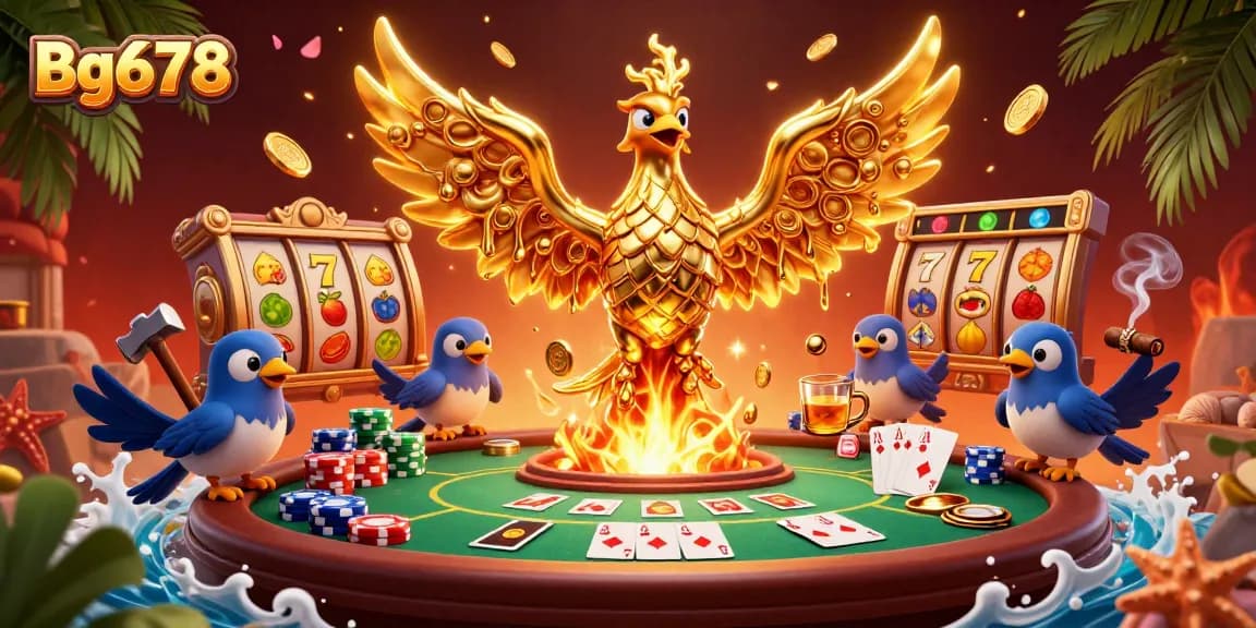 Engage with exciting gaming action at Bg678, featuring a golden phoenix and vibrant casino elements.