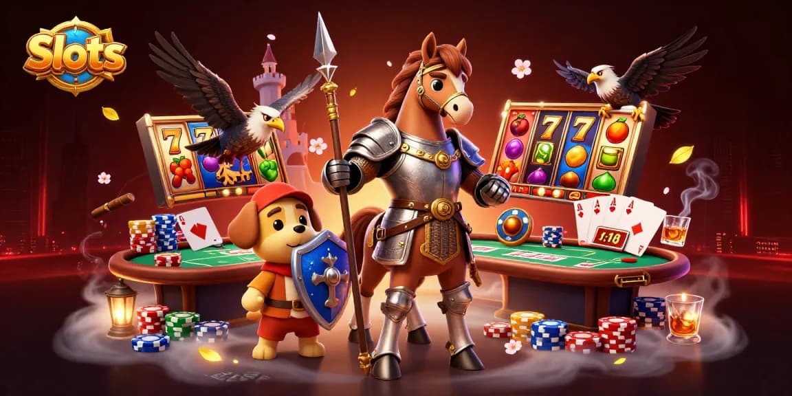 Spin winning Slots with a knight, squire, and falcon in a dynamic casino scene.