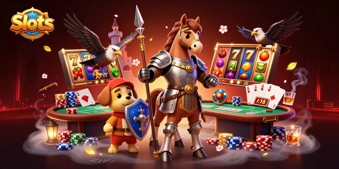Spin winning Slots with a knight, squire, and falcon in a dynamic casino scene.