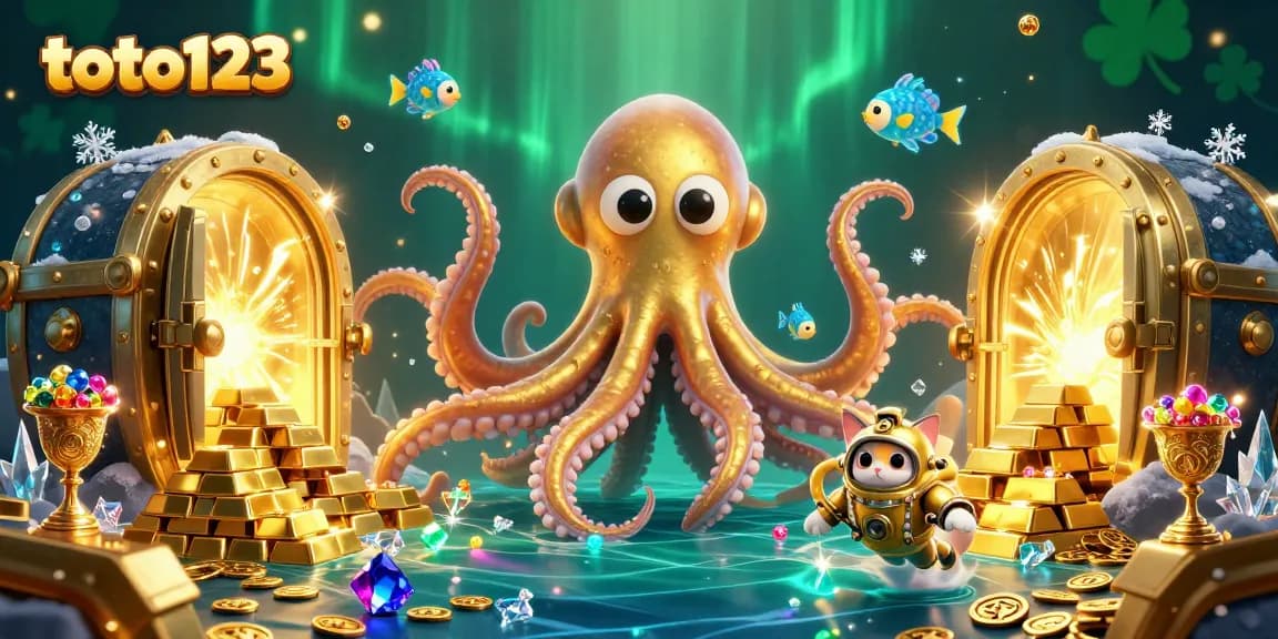 Experience thrilling treasure reveals at toto123 with a kraken and diving cat in a vivid 3D scene.