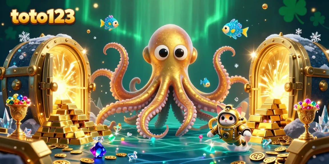 Experience thrilling treasure reveals at toto123 with a kraken and diving cat in a vivid 3D scene.