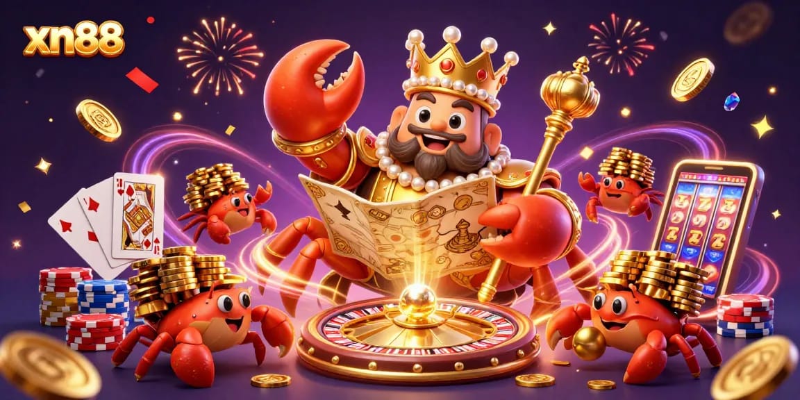 xn88 showcases a vibrant scene with a golden crab emperor and colorful casino elements.