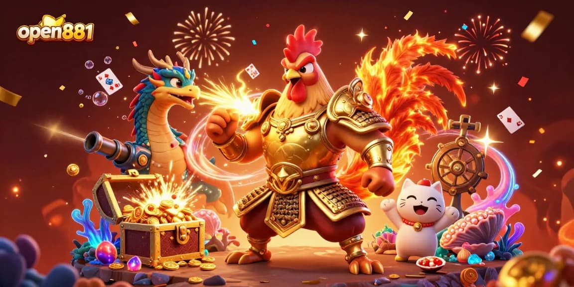Experience thrilling wins at open881 with a dynamic illustration of cartoon warriors amidst casino riches and underwater treasures.