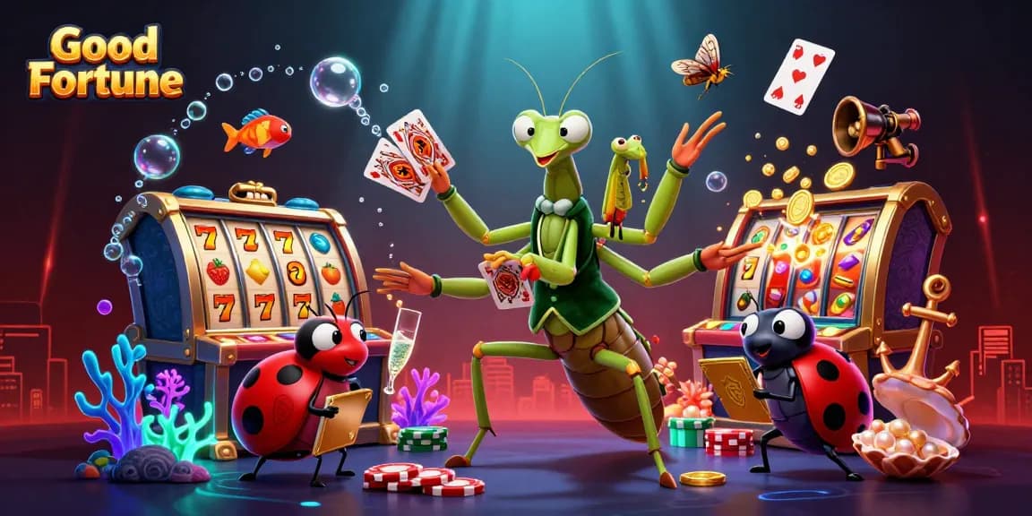 Experience Good Fortune with dynamic casino action featuring card games, slots, and vibrant characters.