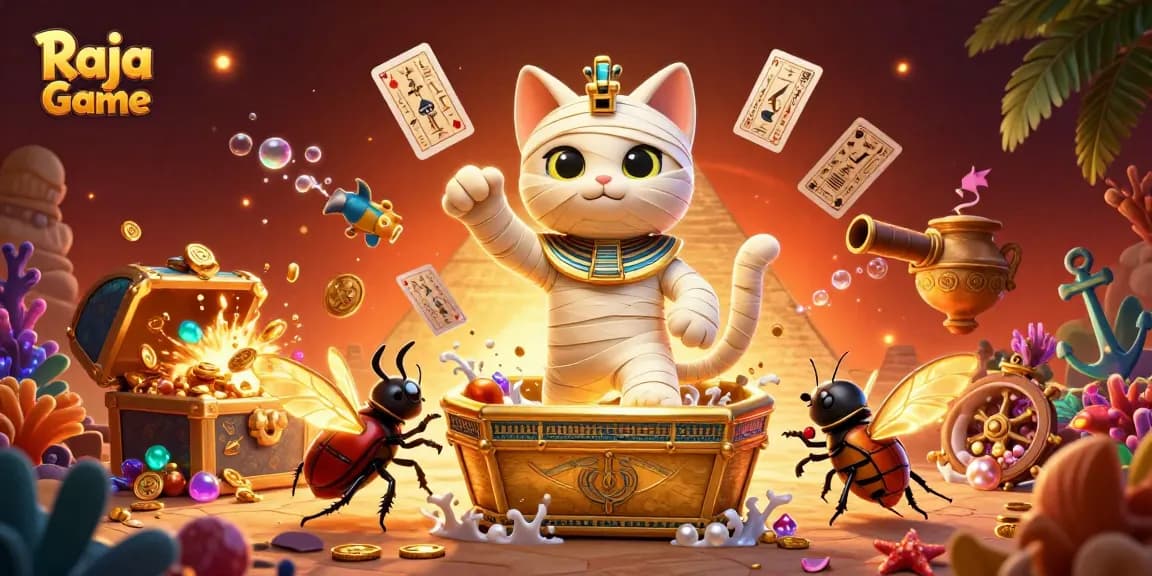 Play exciting games on Raja Game with this vibrant 3D illustration of a mummy cat and glowing symbols.