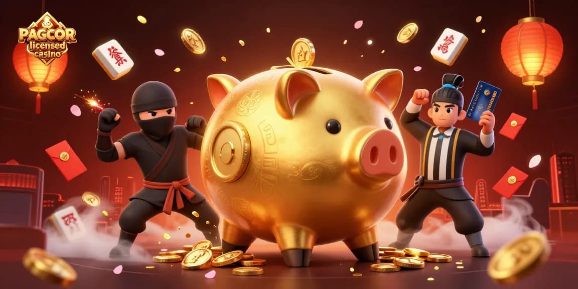 PAGCOR licensed casino illustration with golden piggy bank wrestler, ninja, and samurai amidst exciting casino elements.