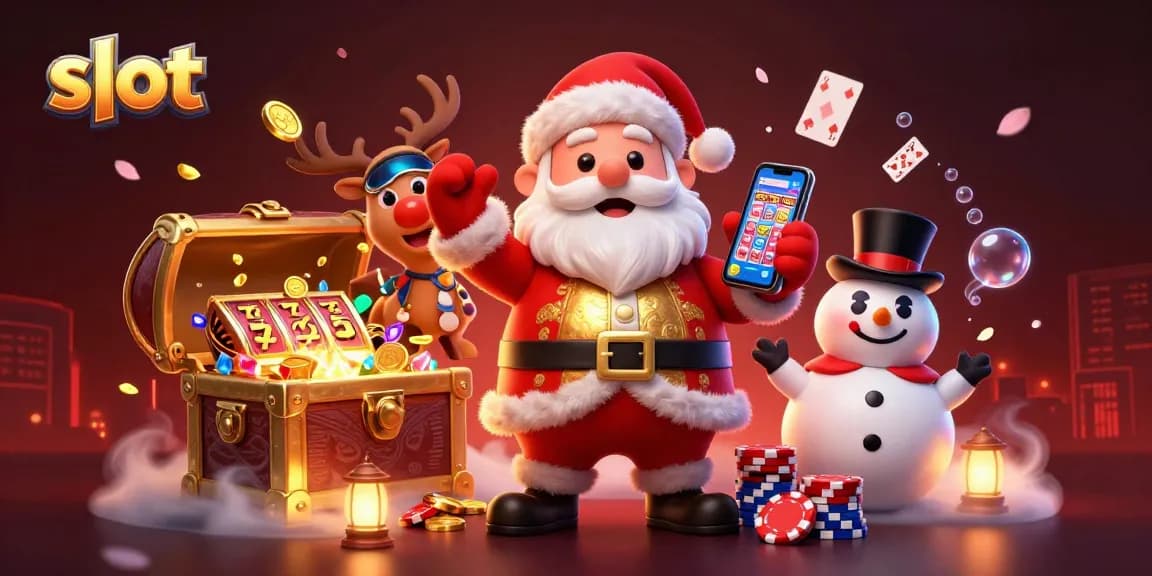 Putar slot dengan Santa dan teman-teman dalam ilustrasi ceria kasino yang dinamis.