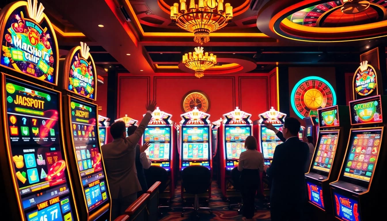 Experience thrilling slot gacor gameplay with vibrant machines and excited players celebrating wins.