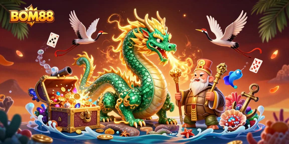BOM88's energetic casino scene features a jade dragon, turtle sage, and cranes amidst golden treasures.