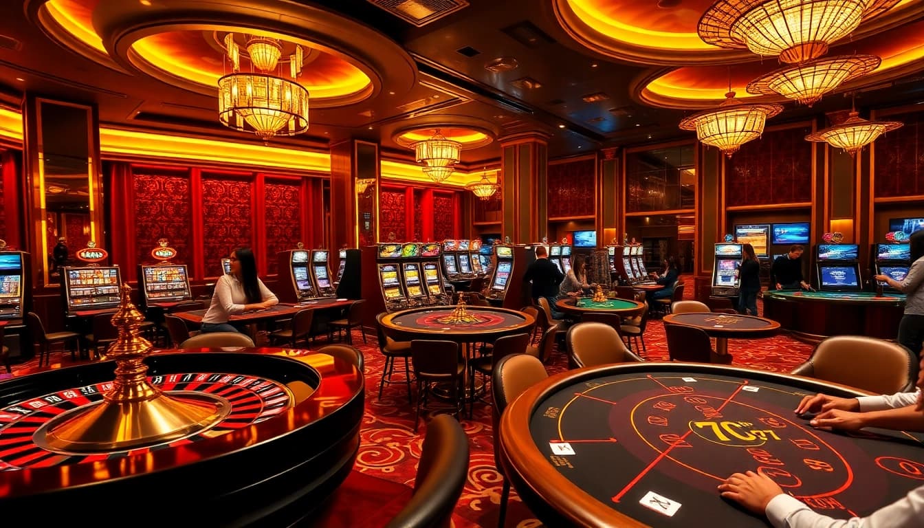 Experience the excitement of 7C77 with vibrant tables and players engaged in thrilling casino action.