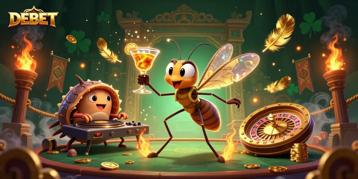 DEBET mascot invites excitement at a lively casino scene with a golden cocktail, fossils, and games.