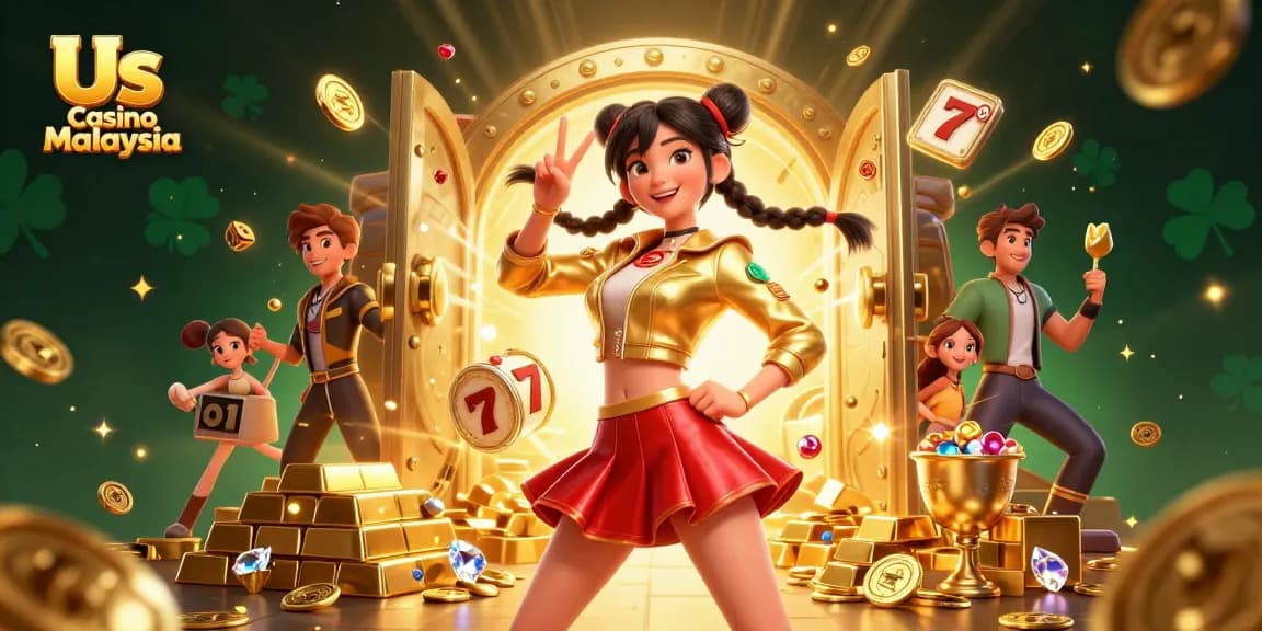 Us Casino Malaysia beautiful Asian woman surrounded by slot game elements and treasures in a vibrant 3D illustration.