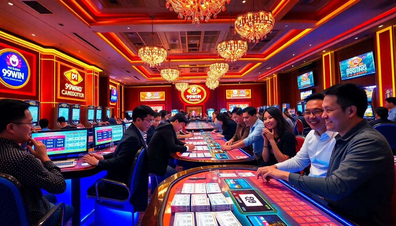 Engaged players celebrate wins at Xổ số miền Trung 99WIN, surrounded by vibrant lottery visuals.
