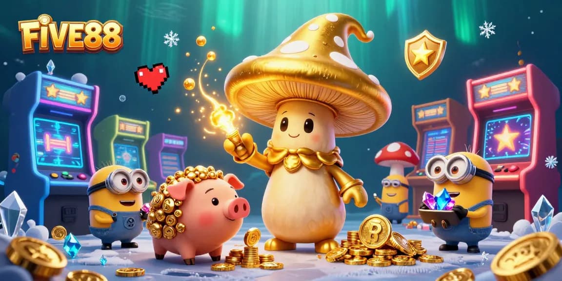 Experience the magic of FIVE88 in this vibrant casino-themed 3D illustration filled with gold and treasure.
