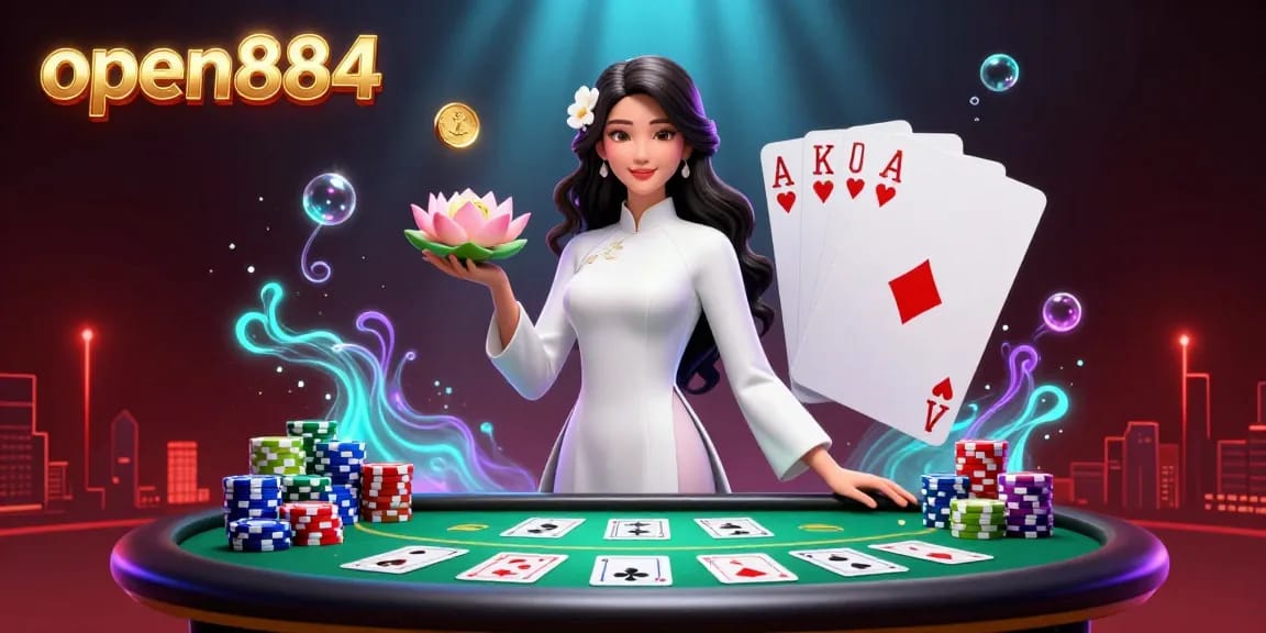 Participate in exciting games at open884, showcasing vibrant poker elements and a captivating atmosphere.