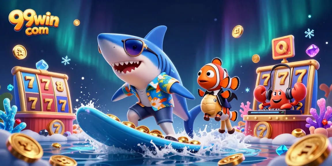 Win big with thrilling gaming action at 99win com, featuring a shark on coins.