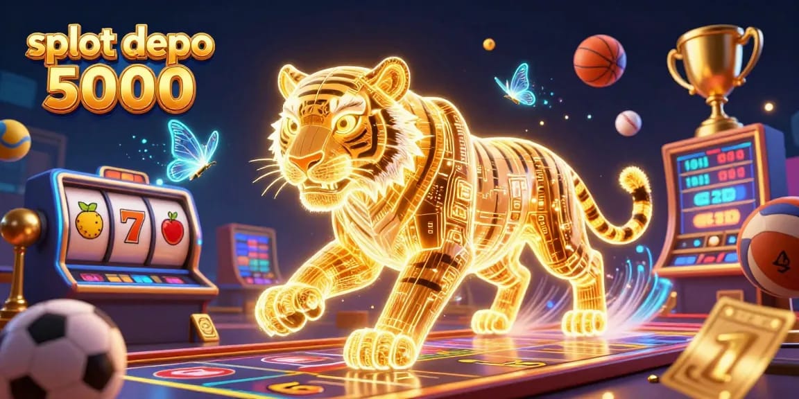 Engage with slot depo 5000 in a vibrant casino scene featuring a glowing tiger and dynamic sports elements.