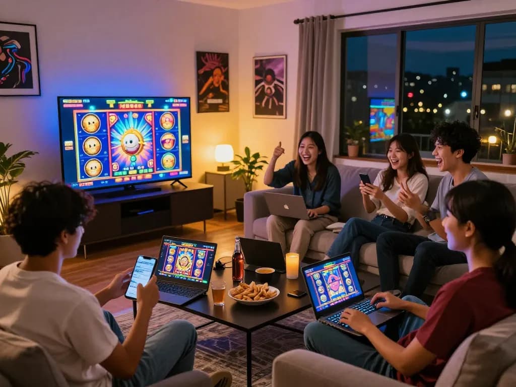 Friends enjoying link gacor in a cozy living room with snacks and gaming screens