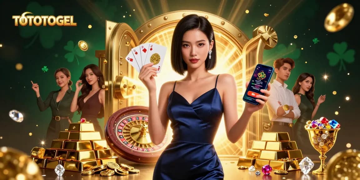 Engage with TOTOTOGEL through a captivating casino illustration featuring a confident Asian woman holding a golden chip.