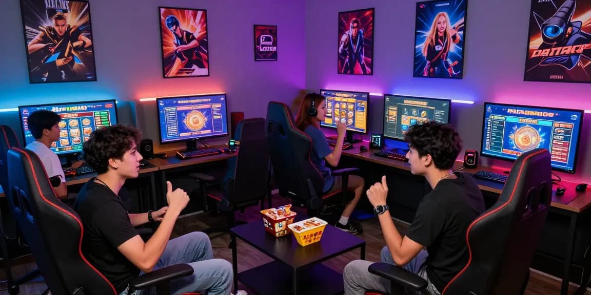 Pajaktoto daftar gaming scene with friends enjoying online slot strategies in a vibrant gaming room.
