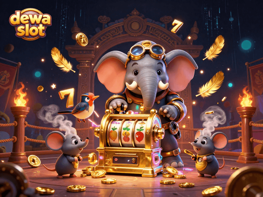 Menggandeng dewa slot, ilustrasi ikonik mesin slot yang menggabungkan elemen fantastis dalam suasana kasino yang semarak.