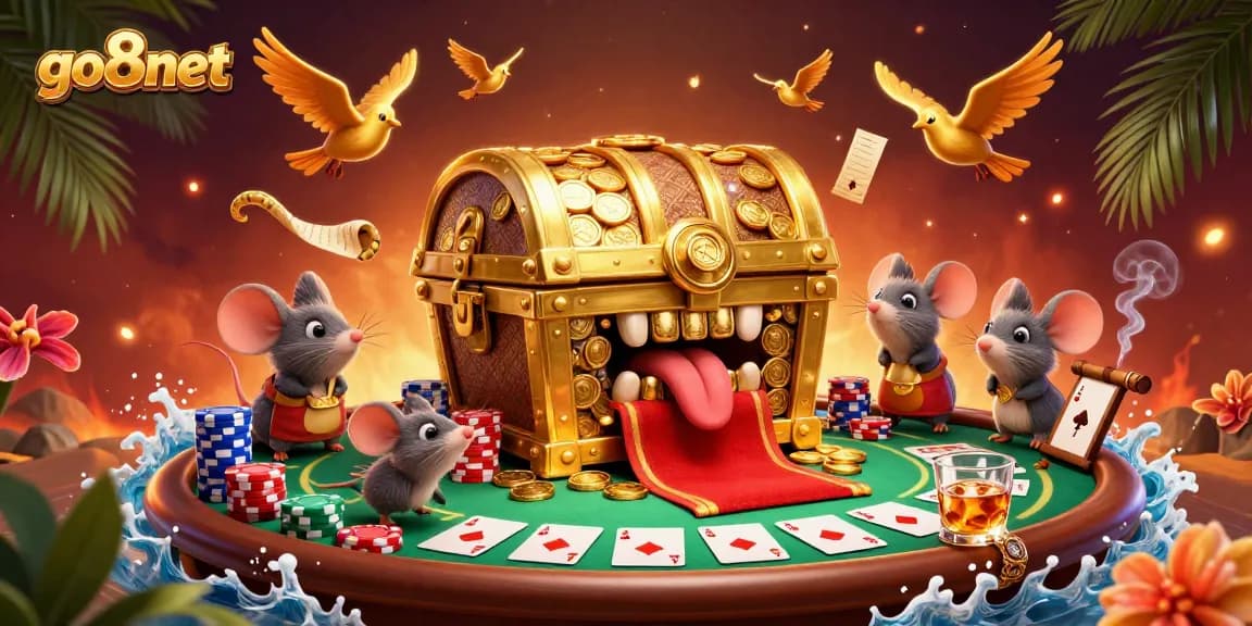 Action-packed scene showcasing go8net, featuring a golden treasure chest with card games and poker chips.
