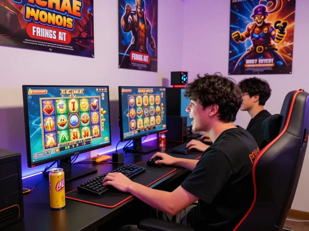 Engaged player enjoying rusuntogel online slot games in a vibrant gaming setup