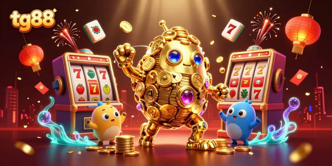 Experience the thrill of tg88 with vibrant slot symbols and a golden golem in action.