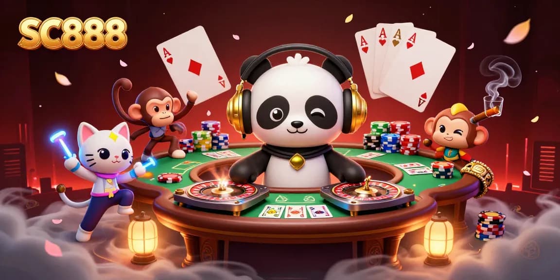Engage with SC888 as the DJ panda spins roulette wheels while a monkey and kitten add to the casino party.