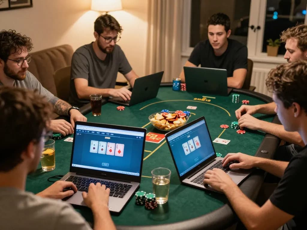 iWin players enjoying a lively online poker game in a cozy home setting