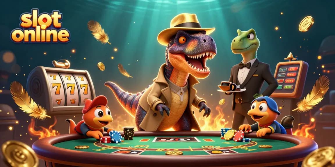 Play exciting slot online games with a playful velociraptor and his dinosaur friends at the casino.