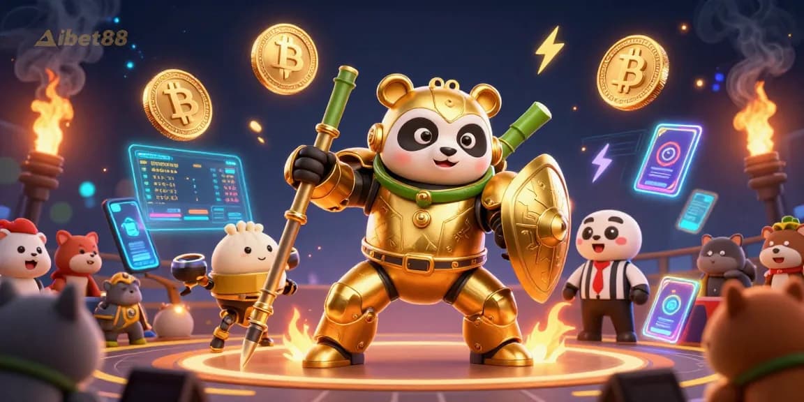 Aibet88 showcases a lively casino scene with a golden panda mech-suit battling tokens and cryptocurrencies.