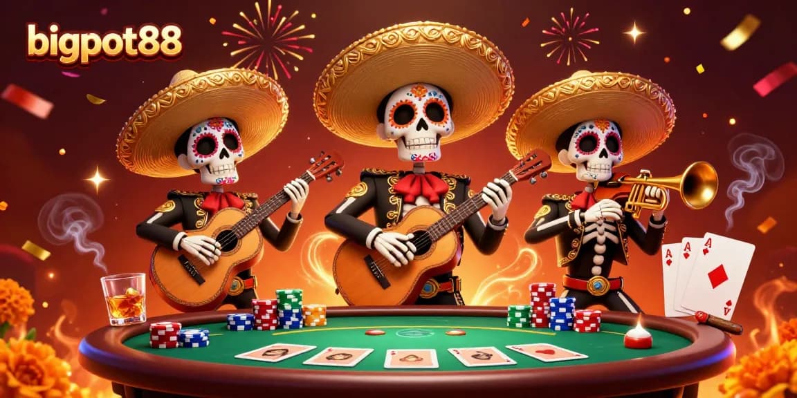 Engage in thrilling bets at bigpot88 with a vibrant mariachi band and poker chips aplenty.