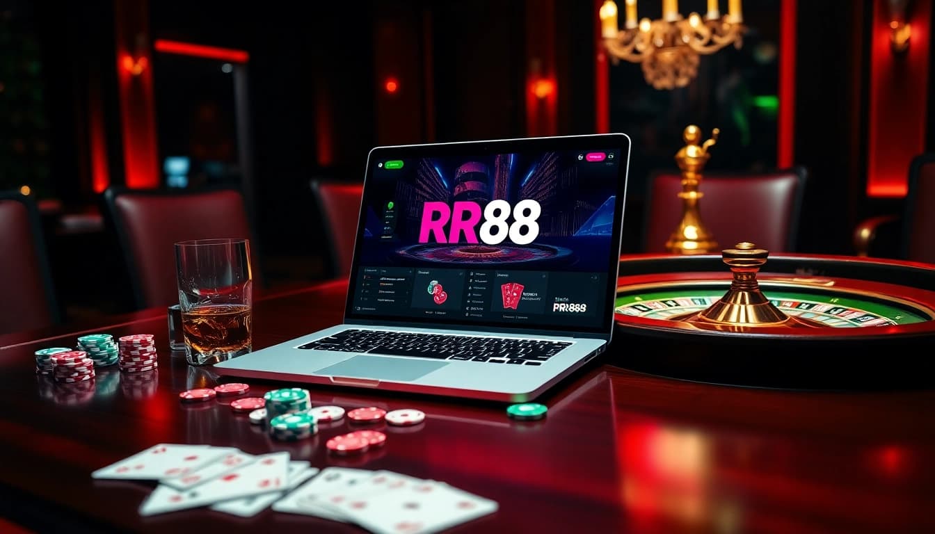 Experience RR88 online gambling with engaging casino visuals, poker chips, and a roulette wheel.