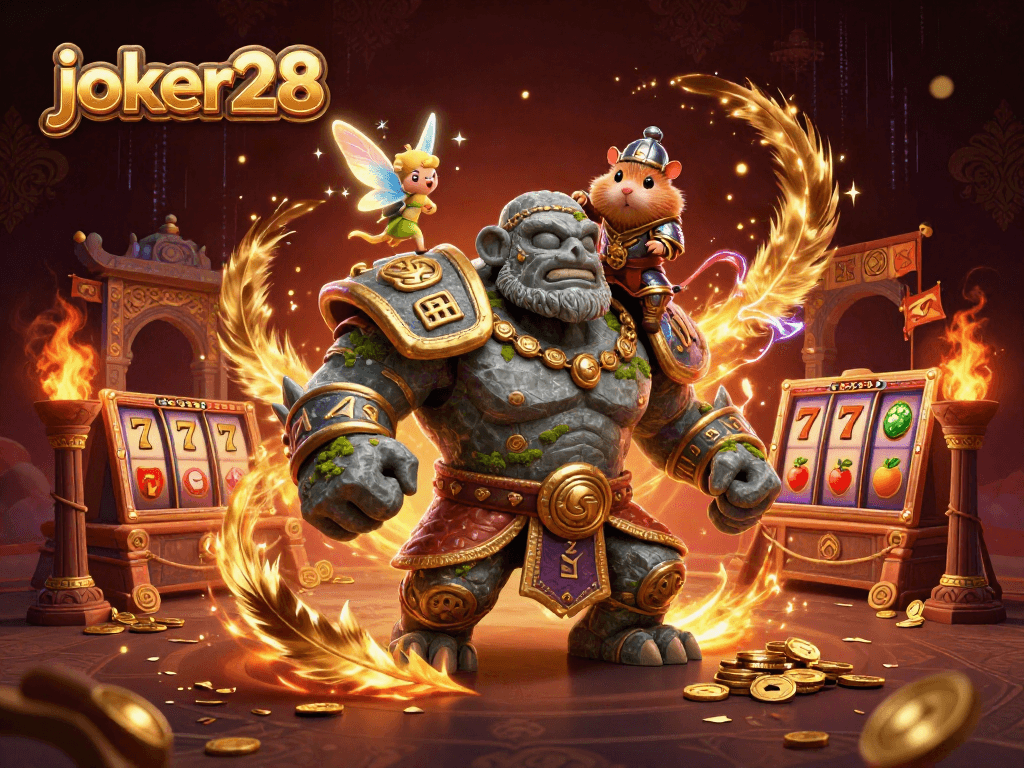 joker28 menampilkan gambar ilustrasi kasino 3D dengan karakter golem dan hamster, penuh warna dan detail.