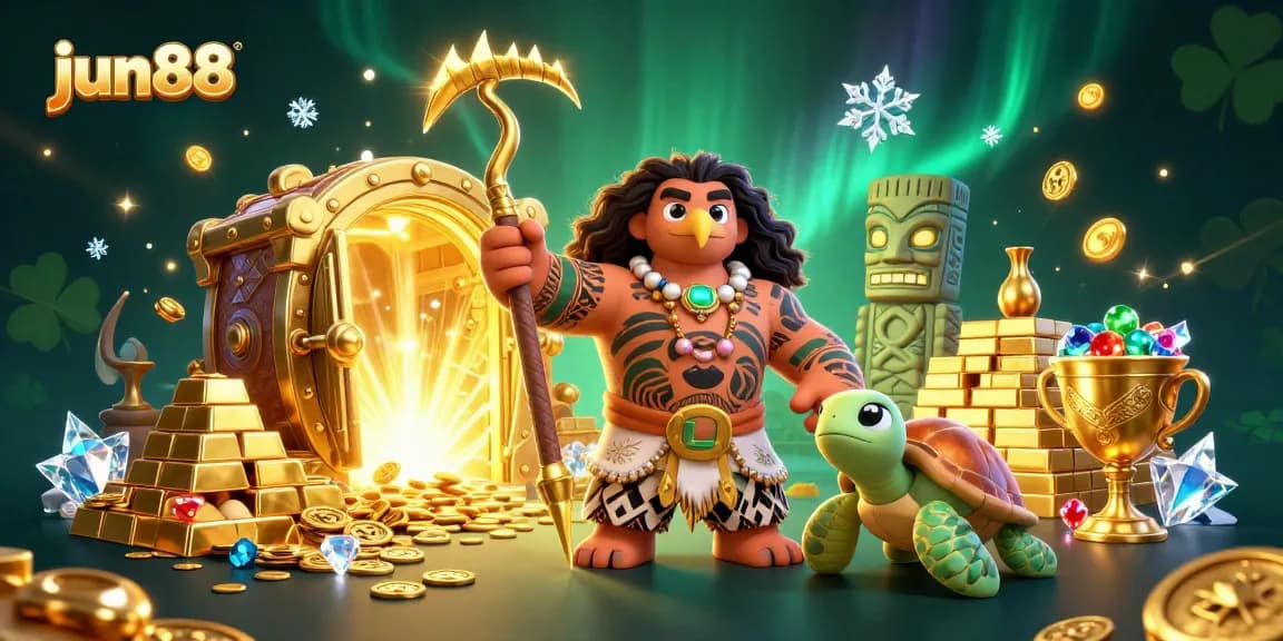 Experience the thrill of jun88 with an exciting casino-themed 3D illustration depicting treasures and adventure.
