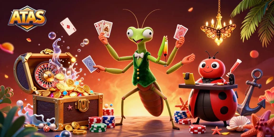 ATAS casino illustration showcasing card games and vibrant characters in an immersive gambling setting.