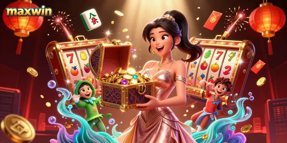 Maxwin showcases a joyful Asian woman presenting a treasure chest of slot riches and festive elements, enhancing player excitement.