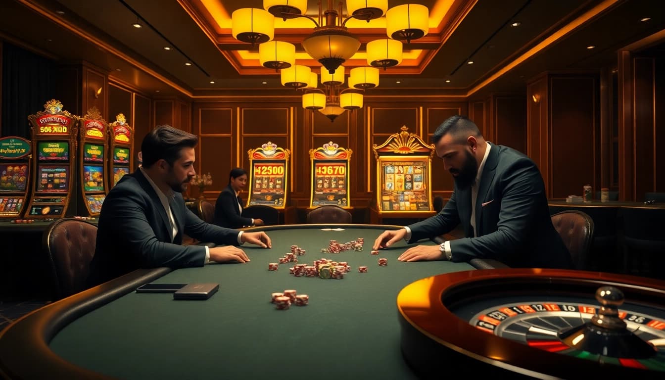 High-stakes poker game at 68VIP casino with luxurious atmosphere and vibrant table elements.
