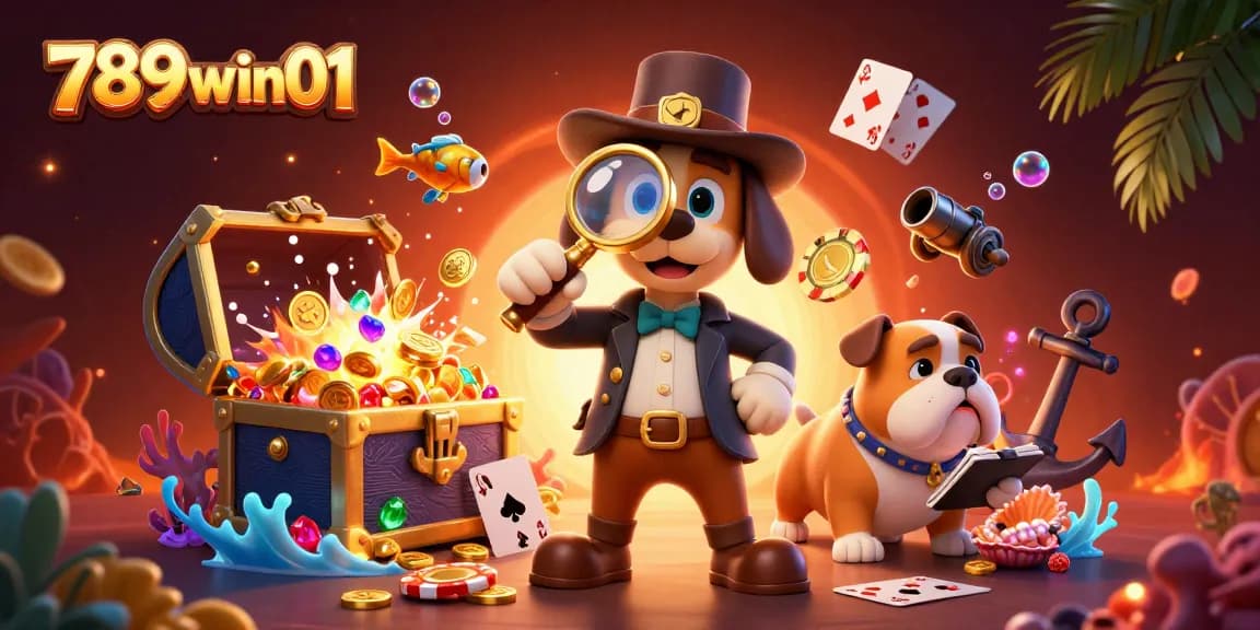 Engage with 789win01's vibrant gaming scene featuring a detective and bulldog uncovering poker treasures.