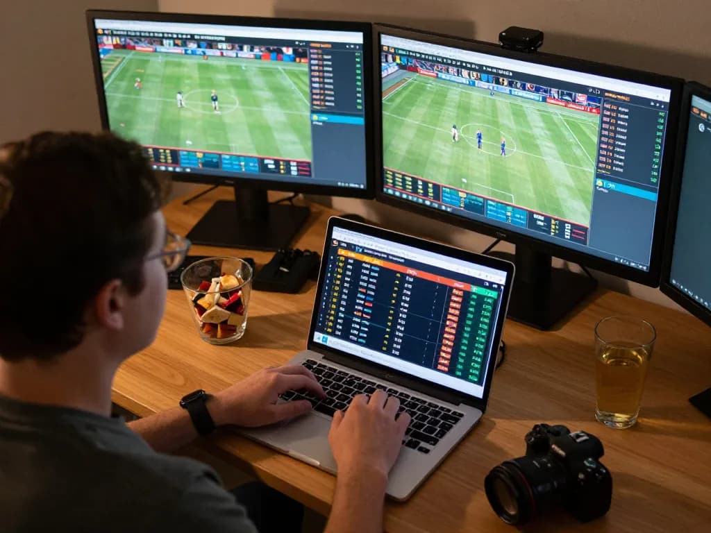 A player engaging in sports betting at Canadian online casinos from a cozy home office