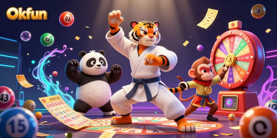 Experience the excitement of Okfun with a 3D illustration of a kung fu tiger master and fun gambling elements.