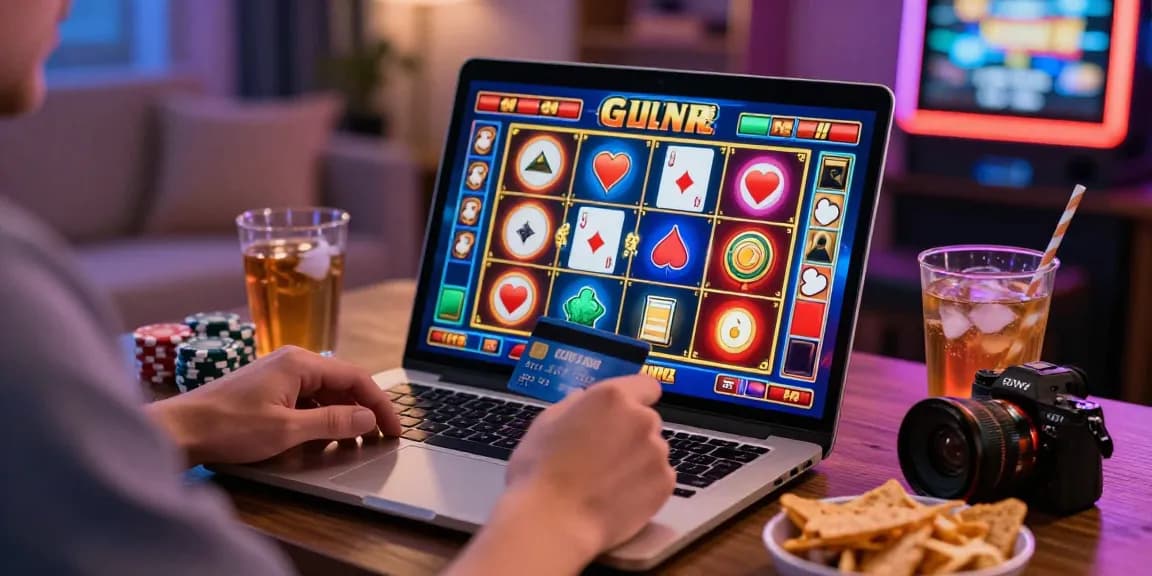 Player engaged in online gambling at a laptop with credit cards at home, highlighting casinos that accept credit cards.