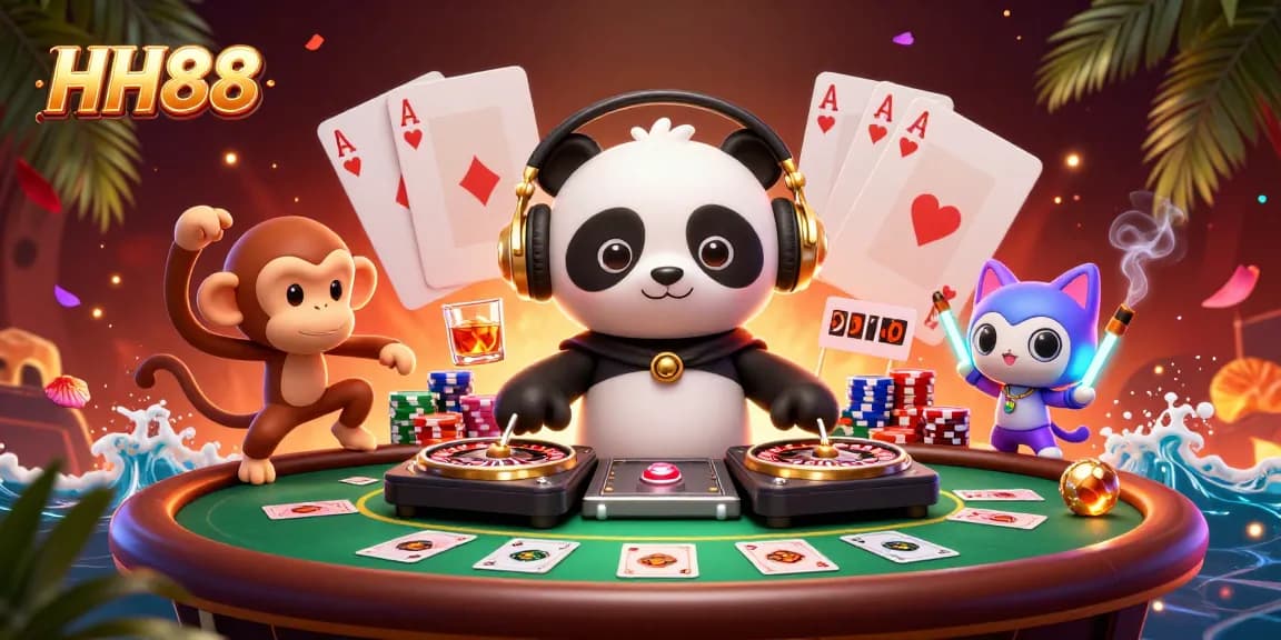 Magnificent DJ panda spins on roulette wheels at HH88 casino, surrounded by vibrant gaming elements.