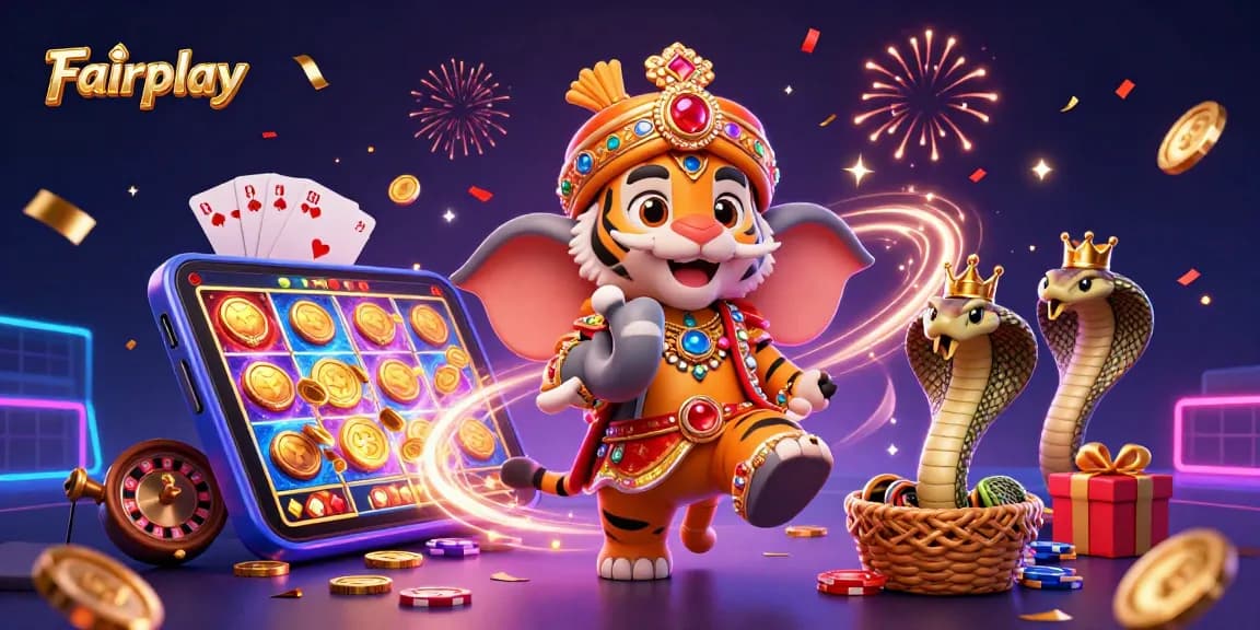 Experience Fairplay excitement with a vibrant 3D casino scene featuring animated characters and game elements.