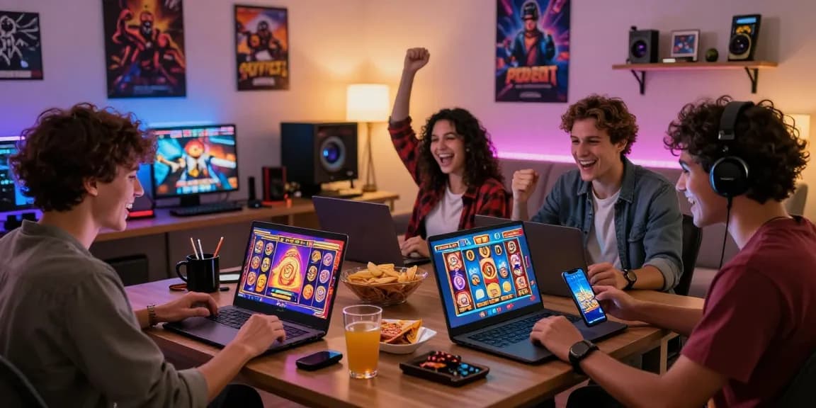 Friends enjoying slot7000 games on devices in a cozy gaming atmosphere.