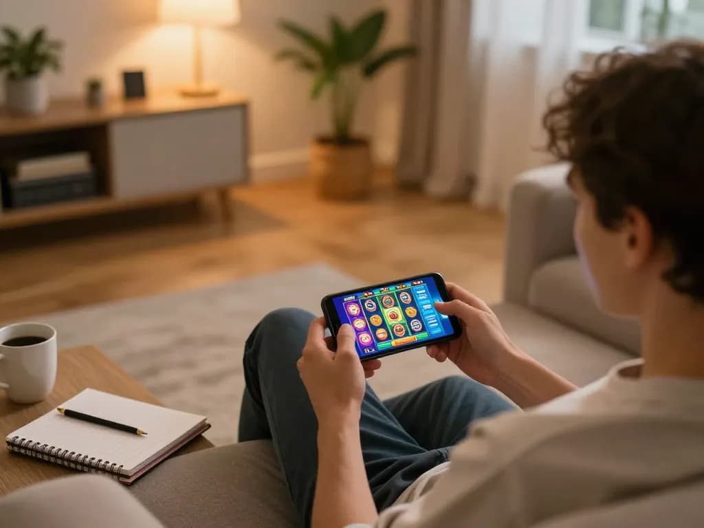 Pemain menikmati pengalaman bermain slot mereka di smartphone dalam suasana rumah yang nyaman.