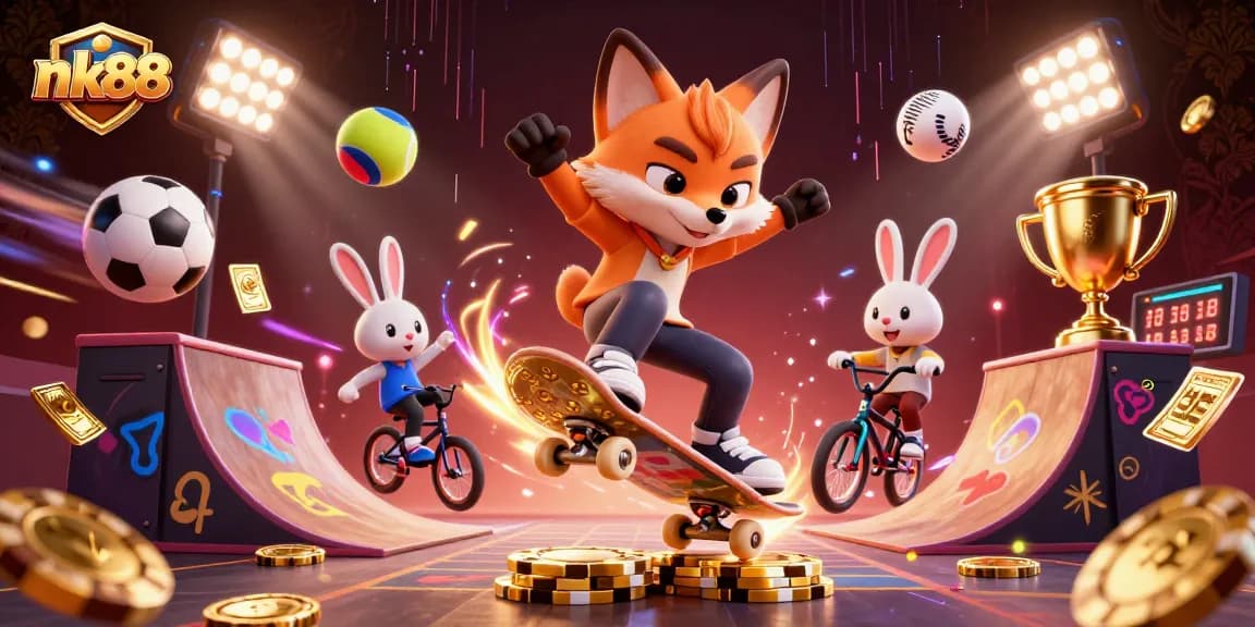 Experience the excitement of nk88 with a vibrant 3D scene featuring gaming characters and dynamic casino elements.