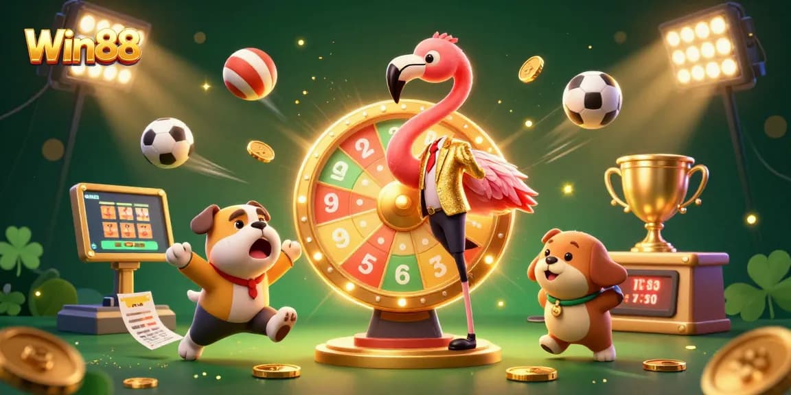 Win88 casino scene featuring a flamingo host, bulldog contestant, and sports elements in action.